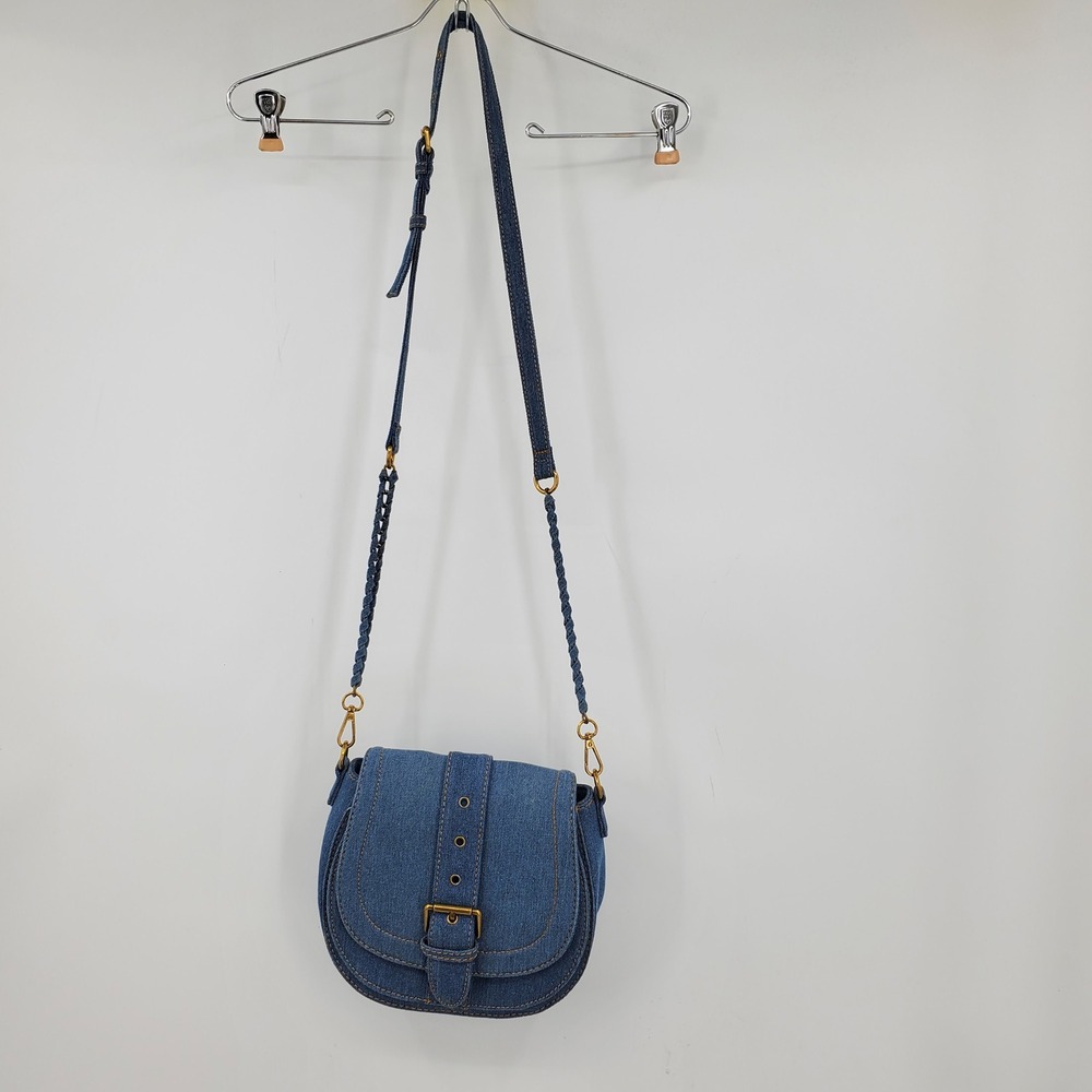 House of Harlow 1960 Denim Crossbody Saddle Bag Blue Medium Wash Brass Western